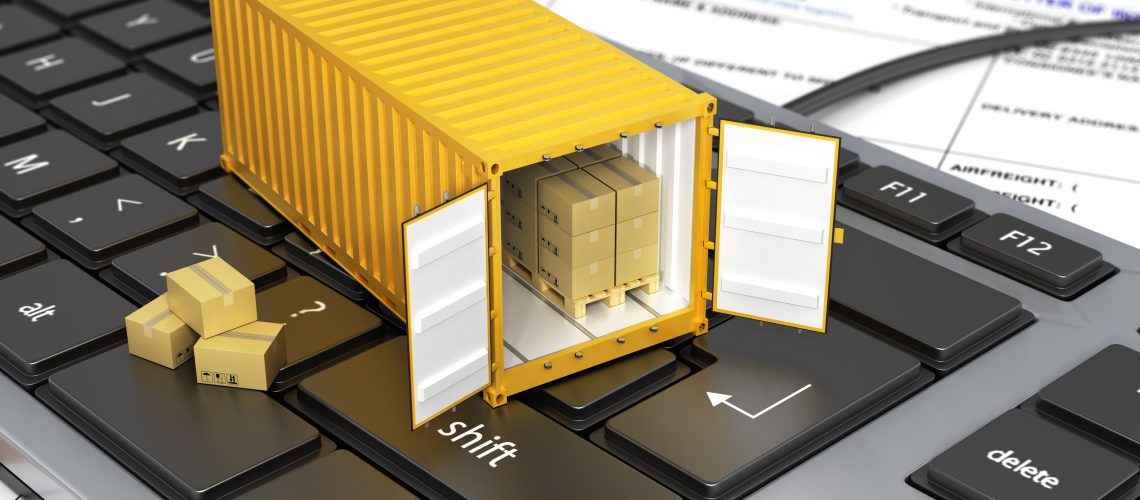 Opened ship container with boxes on the keyboard. Concept of del